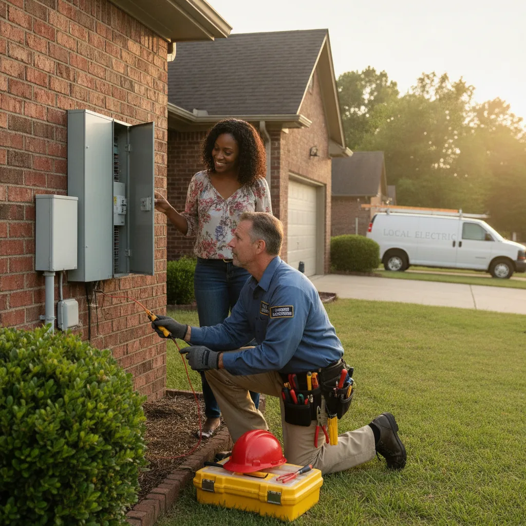 Residential electrician inspecting an exterior panel at a brick home in Byram Mississippi